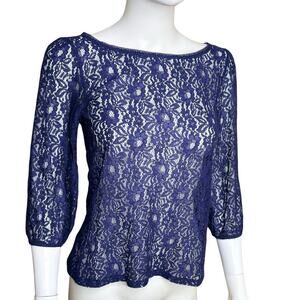 Womens XS LOFT Navy blue Lace Top back buttons sheer 3/4 th sleeves​